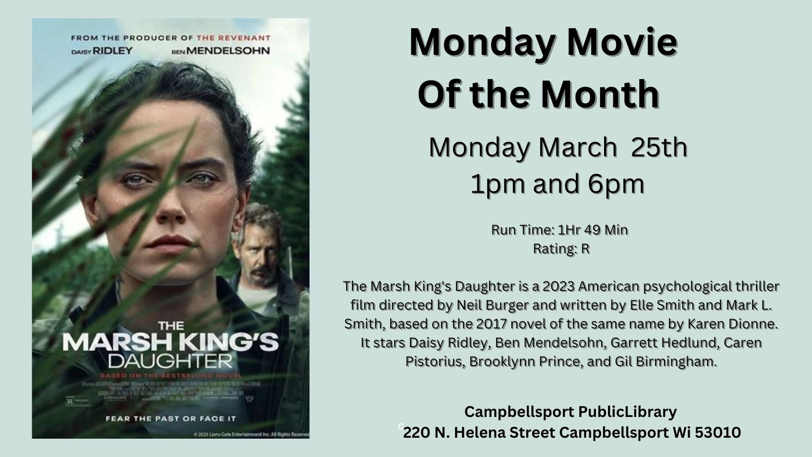 Adult Monday Movie – The Marsh King’s Daughter